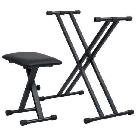 vidaXL Set de soporte para teclado con doble refuerzo y taburete negro