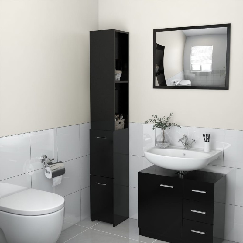 vidaXL Armario de baño madera contrachapada negro 25x26,5x170 cm vidaXL Armario de baño madera contrachapada negro 25x26,5x170 cm