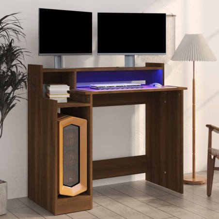 vidaXL Escritorio con LED madera ingeniería marrón roble 97x45x90 cm