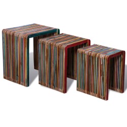 vidaXL Set de 3 mesitas apilables de teca maciza reciclada colorida 