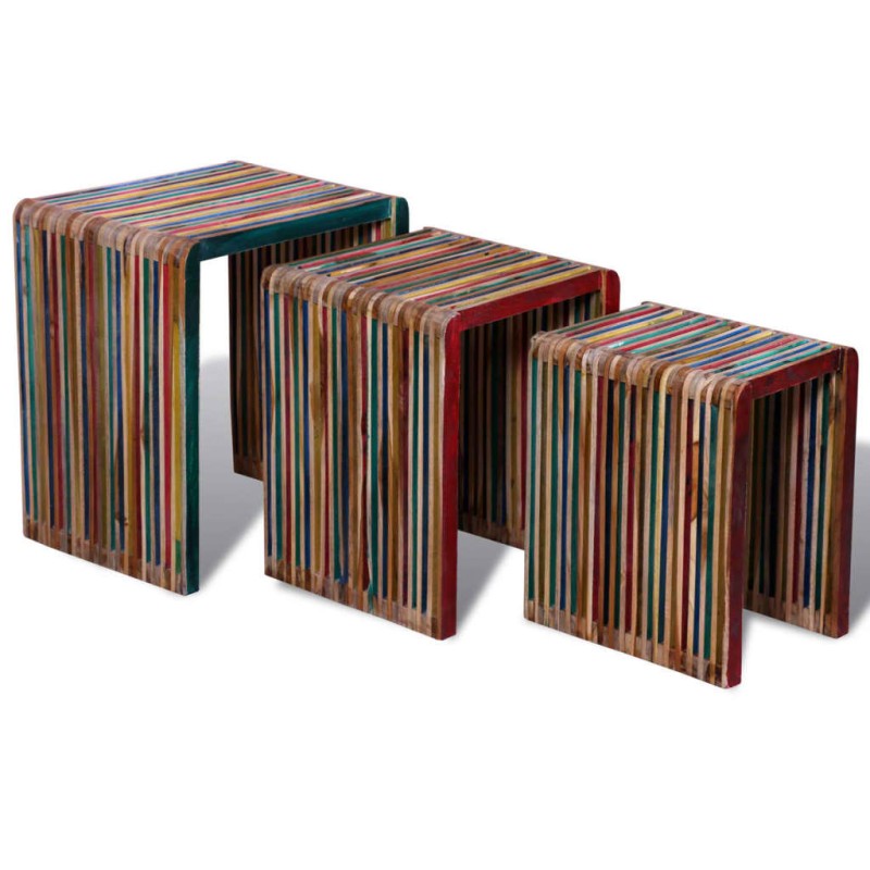 vidaXL Set de 3 mesitas apilables de teca maciza reciclada colorida vidaXL Set de 3 mesitas apilables de teca maciza reciclada colorida