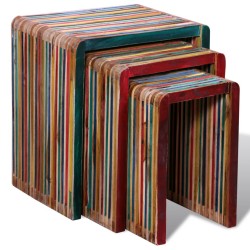 vidaXL Set de 3 mesitas apilables de teca maciza reciclada colorida 