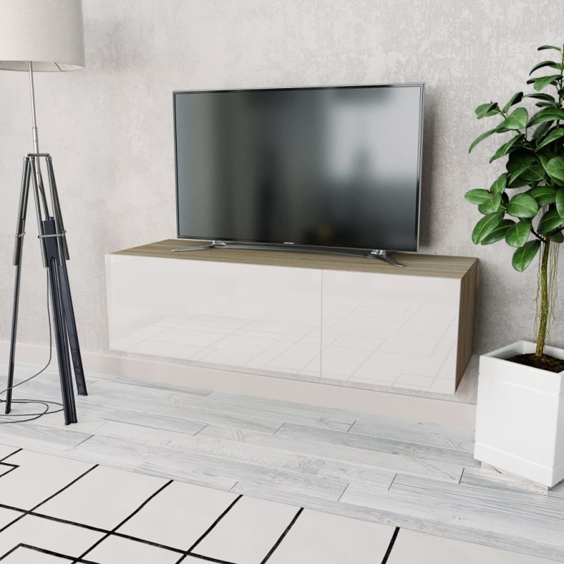 vidaXL Mueble TV madera ingeniería blanco brillo y roble 120x40x34 cm vidaXL Mueble TV madera ingeniería blanco brillo y roble 120x40x34 cm