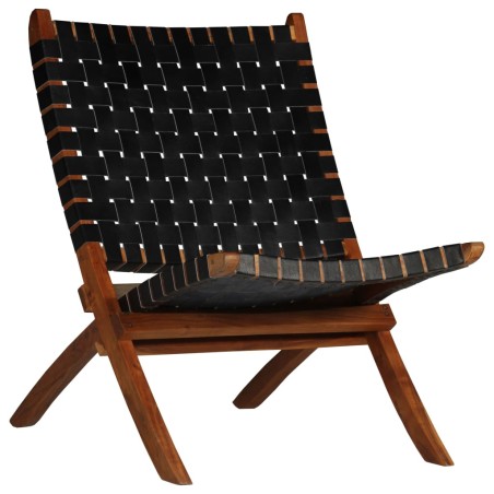 vidaXL Silla plegable de tiras cruzadas de cuero auténtico negro