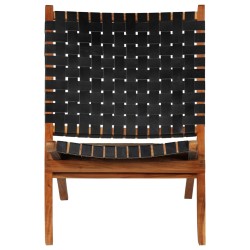 vidaXL Silla plegable de tiras cruzadas de cuero auténtico negro