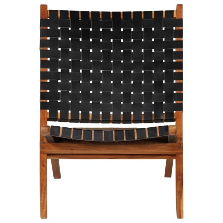 vidaXL Silla plegable de tiras cruzadas de cuero auténtico negro