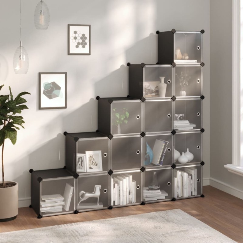 vidaXL Estantería de cubos con 15 compartimentos y puertas PP negro vidaXL Estantería de cubos con 15 compartimentos y puertas PP negro