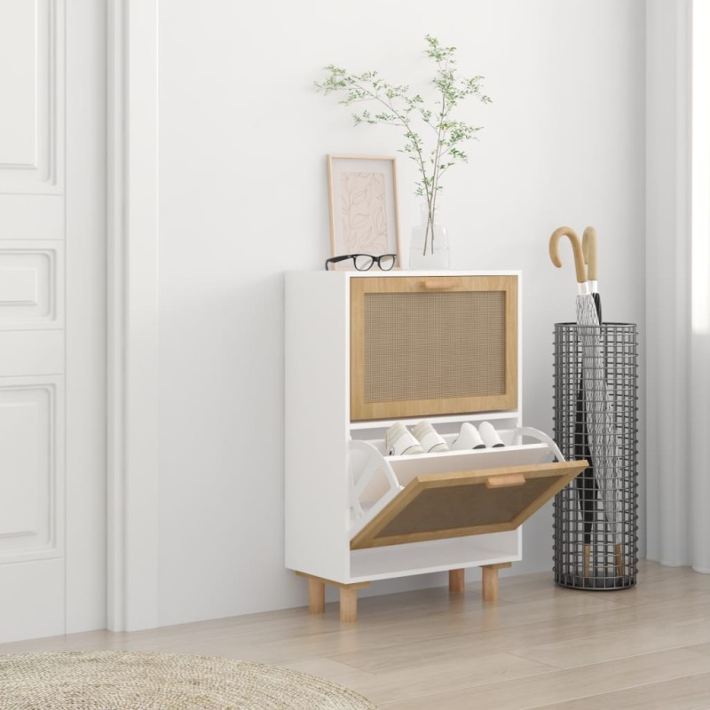 vidaXL Zapatero madera contrachapada blanco ratán natural 52x25x80 cm vidaXL Zapatero madera contrachapada blanco ratán natural 52x25x80 cm