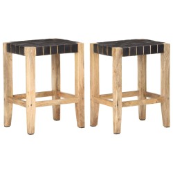 vidaXL Taburetes de cocina 2 uds cuero negro y madera mango 46x36x60cm