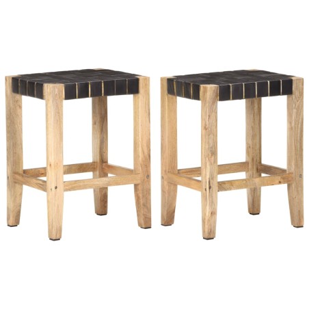 vidaXL Taburetes de cocina 2 uds cuero negro y madera mango 46x36x60cm