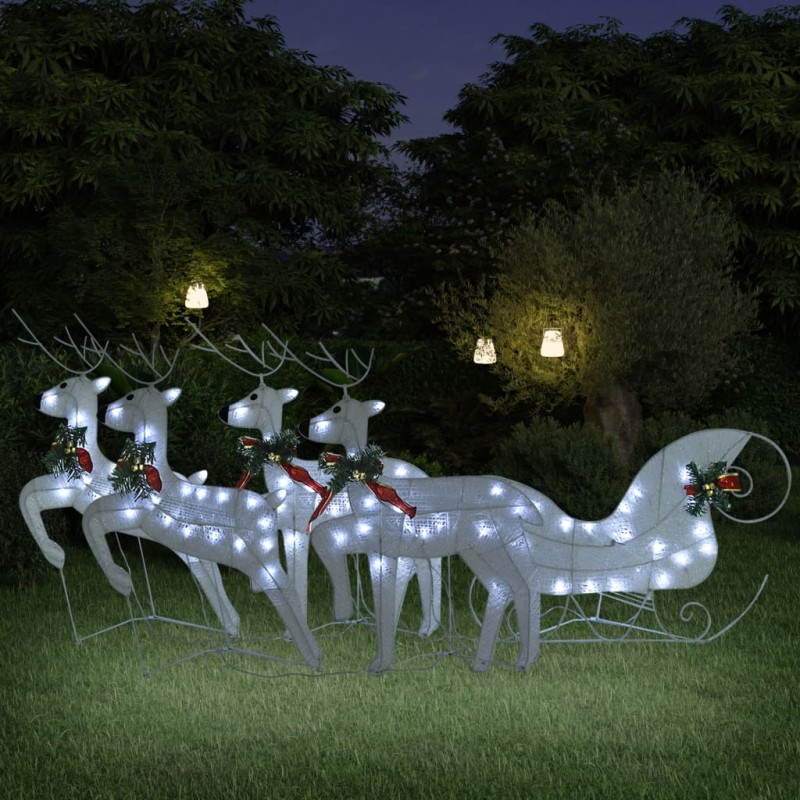 vidaXL Decoración navideña de renos y trineo de jardín blanco 100 LEDs vidaXL Decoración navideña de renos y trineo de jardín blanco 100 LEDs