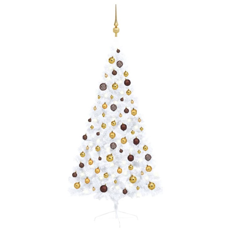 vidaXL Medio árbol de Navidad con luces y bolas blanco 150 cm