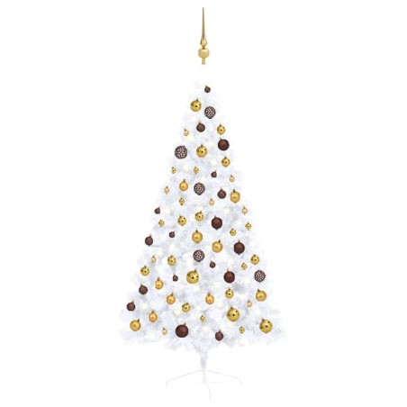 vidaXL Medio árbol de Navidad con luces y bolas blanco 150 cm