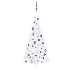 vidaXL Medio árbol de Navidad con luces y bolas blanco 180 cm