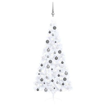 vidaXL Medio árbol de Navidad con luces y bolas blanco 180 cm