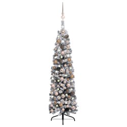 vidaXL Árbol de Navidad delgado con luces, bolas y nieve verde 120 cm