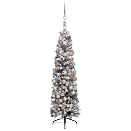 vidaXL Árbol de Navidad delgado con luces, bolas y nieve verde 120 cm