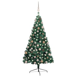 vidaXL Medio árbol de Navidad con luces y bolas verde 240 cm