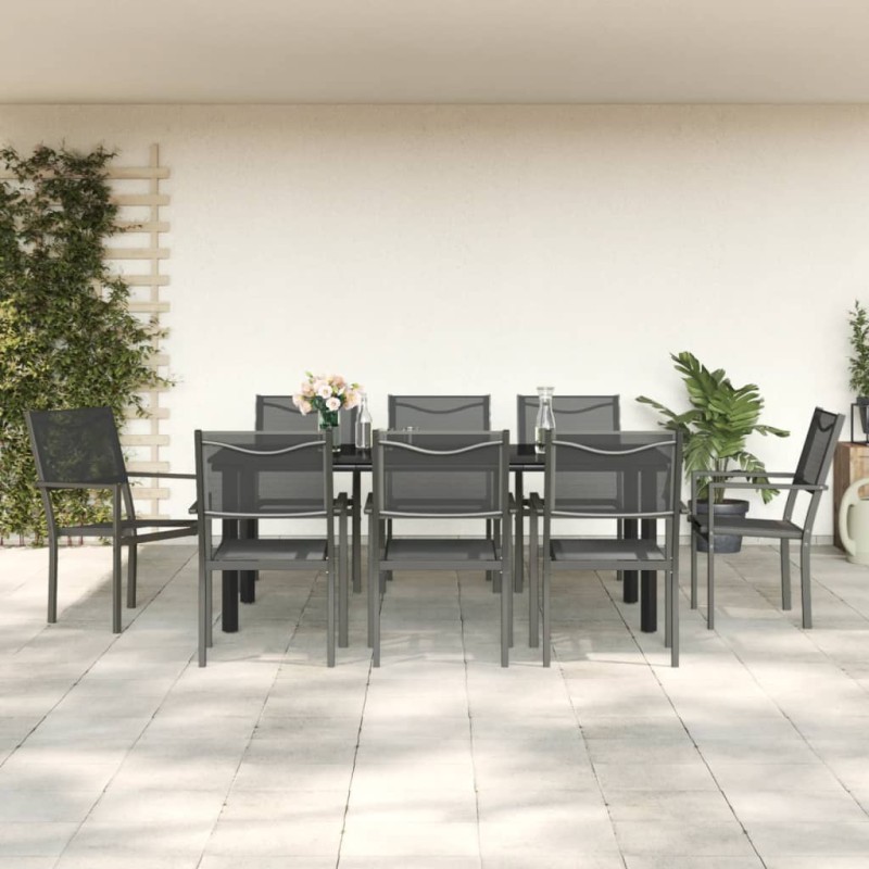 vidaXL Juego de comedor para jardín 9 piezas acero y textilene negro vidaXL Juego de comedor para jardín 9 piezas acero y textilene negro