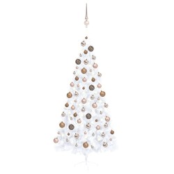 vidaXL Medio árbol de Navidad con luces y bolas blanco 120 cm
