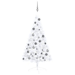 vidaXL Medio árbol de Navidad con luces y bolas blanco 120 cm