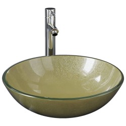 vidaXL Lavabo grifo tapón pulsador cristal templado esmerilado dorado
