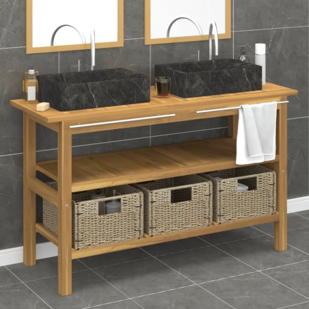 vidaXL Tocador de baño madera maciza de teca con lavabos mármol negro