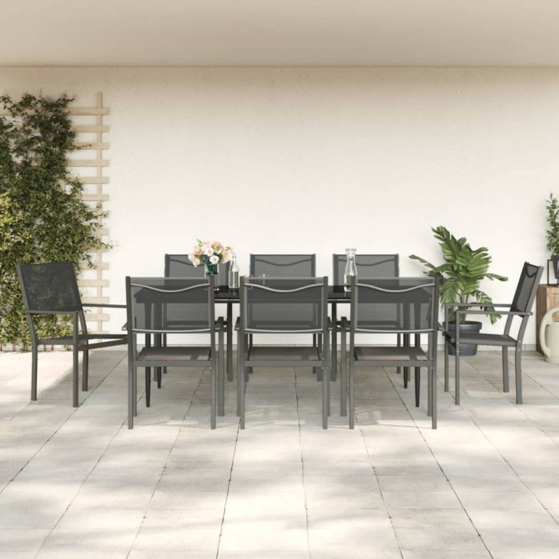 vidaXL Juego de comedor para jardín 9 piezas acero y textilene negro vidaXL Juego de comedor para jardín 9 piezas acero y textilene negro