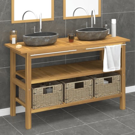 vidaXL Tocador de baño con lavabos piedra de río madera maciza de teca