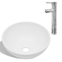 vidaXL Lavabo de baño con grifo mezclador cerámica redondo blanco