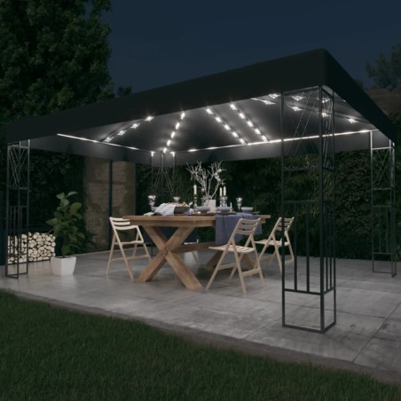 vidaXL Cenador con tira de luces LED 3x4 m tela gris antracita