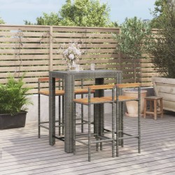 vidaXL Mesa bar y taburetes jardín 5 pzas madera acacia ratán PE gris