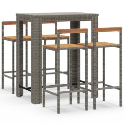 vidaXL Mesa bar y taburetes jardín 5 pzas madera acacia ratán PE gris