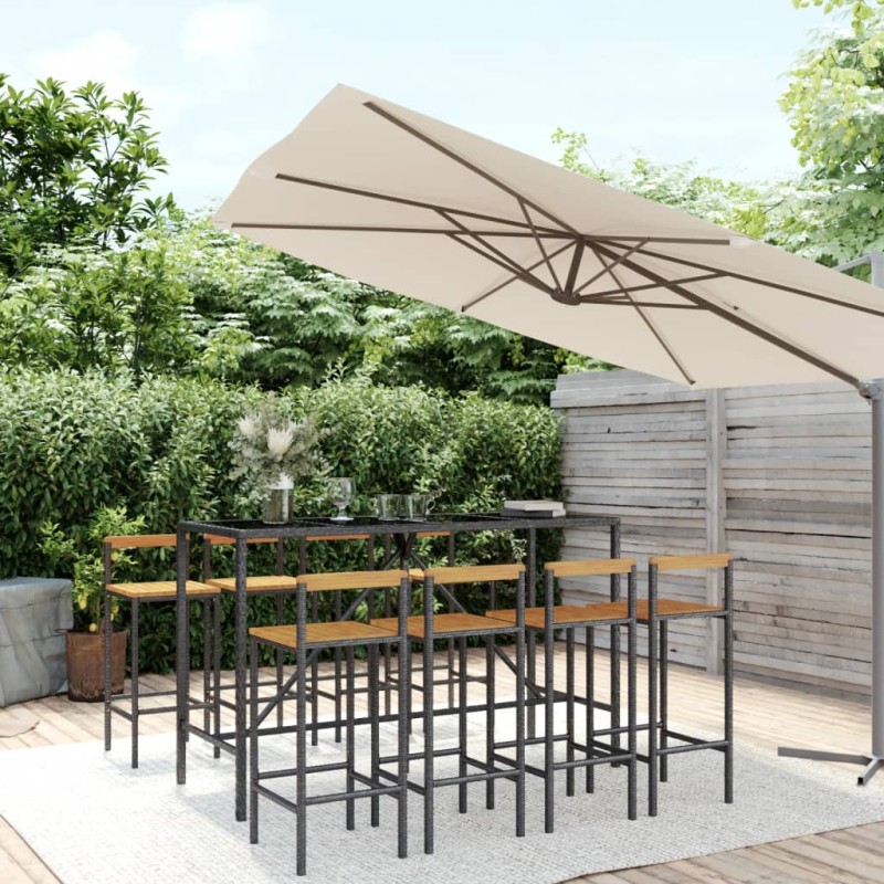 vidaXL Mesa bar y taburetes jardín 9 pzas madera acacia ratán PE negro