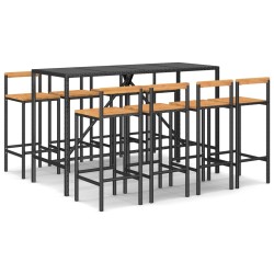 vidaXL Mesa bar y taburetes jardín 9 pzas madera acacia ratán PE negro