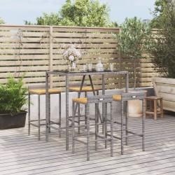 vidaXL Mesa bar y taburetes jardín 5 pzas madera acacia ratán PE gris