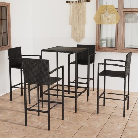 vidaXL Mesa y taburetes altos jardín y cojines 5 pzas ratán PE negro