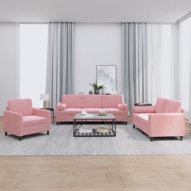 vidaXL Juego de sofás con cojines 3 piezas terciopelo rosa vidaXL Juego de sofás con cojines 3 piezas terciopelo rosa