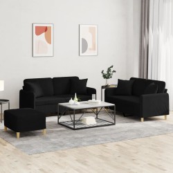 vidaXL Juego de sofás con cojines 3 piezas tela negro