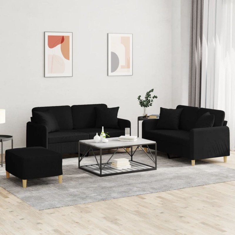 vidaXL Juego de sofás con cojines 3 piezas tela negro vidaXL Juego de sofás con cojines 3 piezas tela negro