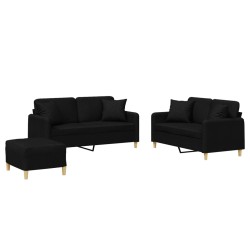 vidaXL Juego de sofás con cojines 3 piezas tela negro