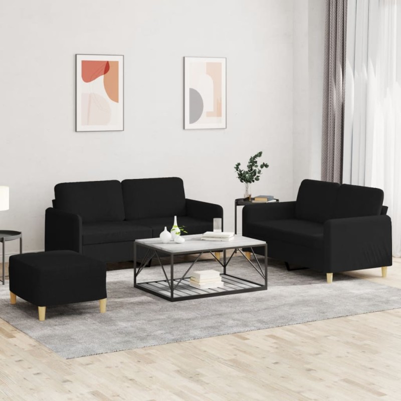 vidaXL Juego de sofás con cojines 3 piezas tela negro vidaXL Juego de sofás con cojines 3 piezas tela negro