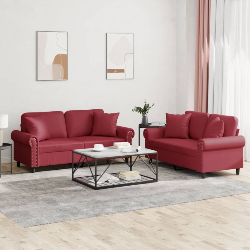 vidaXL Juego de sofás con cojines 2 piezas cuero sintético rojo tinto vidaXL Juego de sofás con cojines 2 piezas cuero sintético rojo tinto