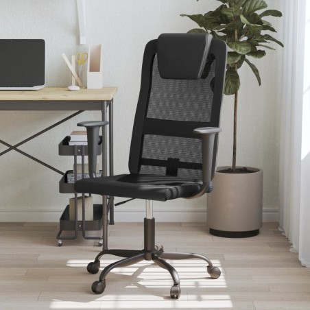 vidaXL Silla de oficina altura ajustable tela malla y cuero PE negro