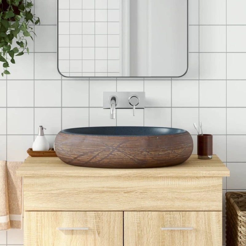 vidaXL Lavabo sobre encimera ovalado cerámica marrón y azul 59x40x15cm vidaXL Lavabo sobre encimera ovalado cerámica marrón y azul 59x40x15cm