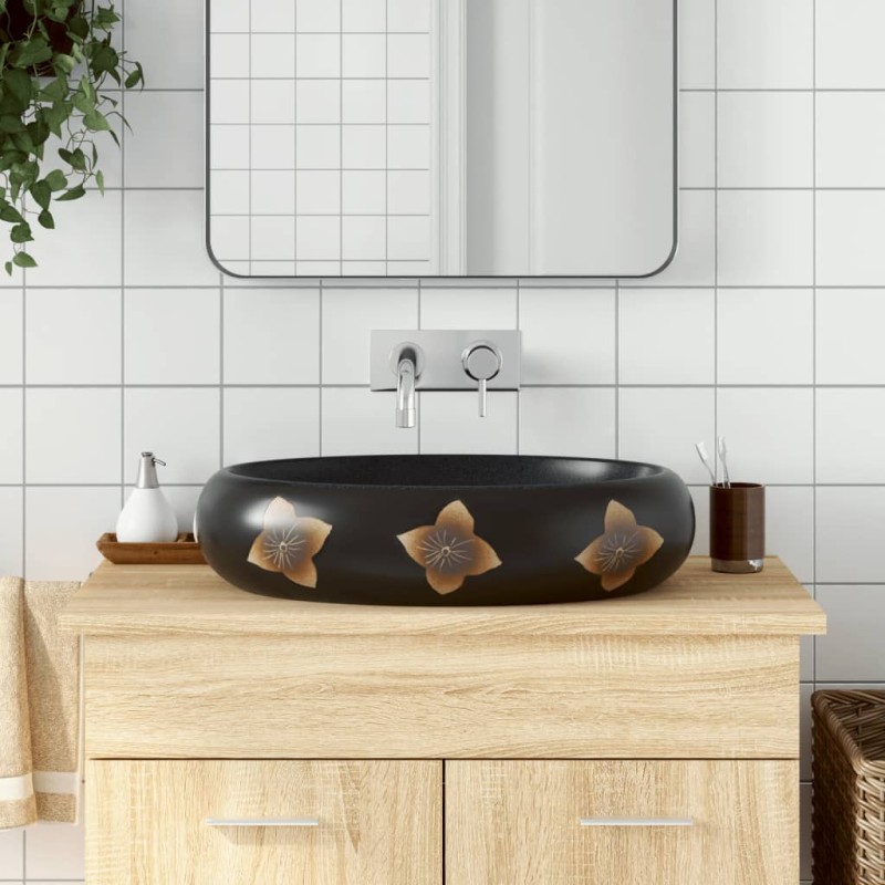 vidaXL Lavabo sobre encimera ovalado cerámica negro y azul 59x40x15 cm vidaXL Lavabo sobre encimera ovalado cerámica negro y azul 59x40x15 cm
