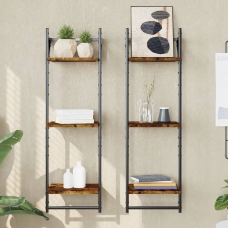 vidaXL Estantes pared 3 niveles barras 2 uds roble ahumado 30x25x100cm