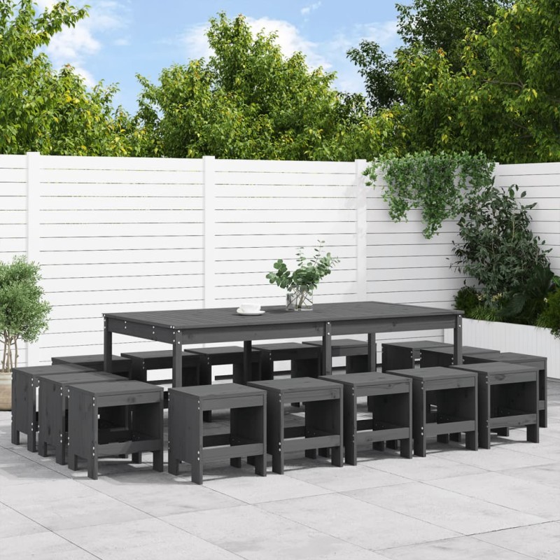 vidaXL Juego de comedor de jardín 17 piezas madera maciza pino gris vidaXL Juego de comedor de jardín 17 piezas madera maciza pino gris