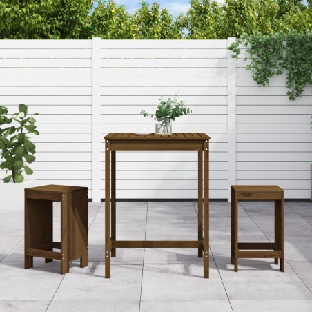 vidaXL Mesa y taburetes altos de jardín 3 pzas madera pino marrón miel