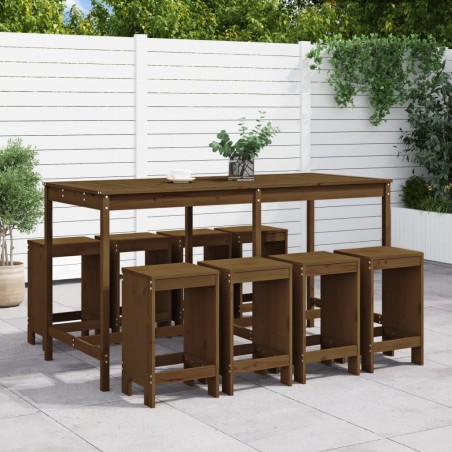 vidaXL Mesa y taburetes altos de jardín 9 pzas madera pino marrón miel